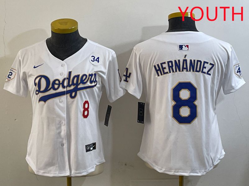 Youth Los Angeles Dodgers #8 Hernandez White Gold Game 2025 Nike MLB Jersey style 3